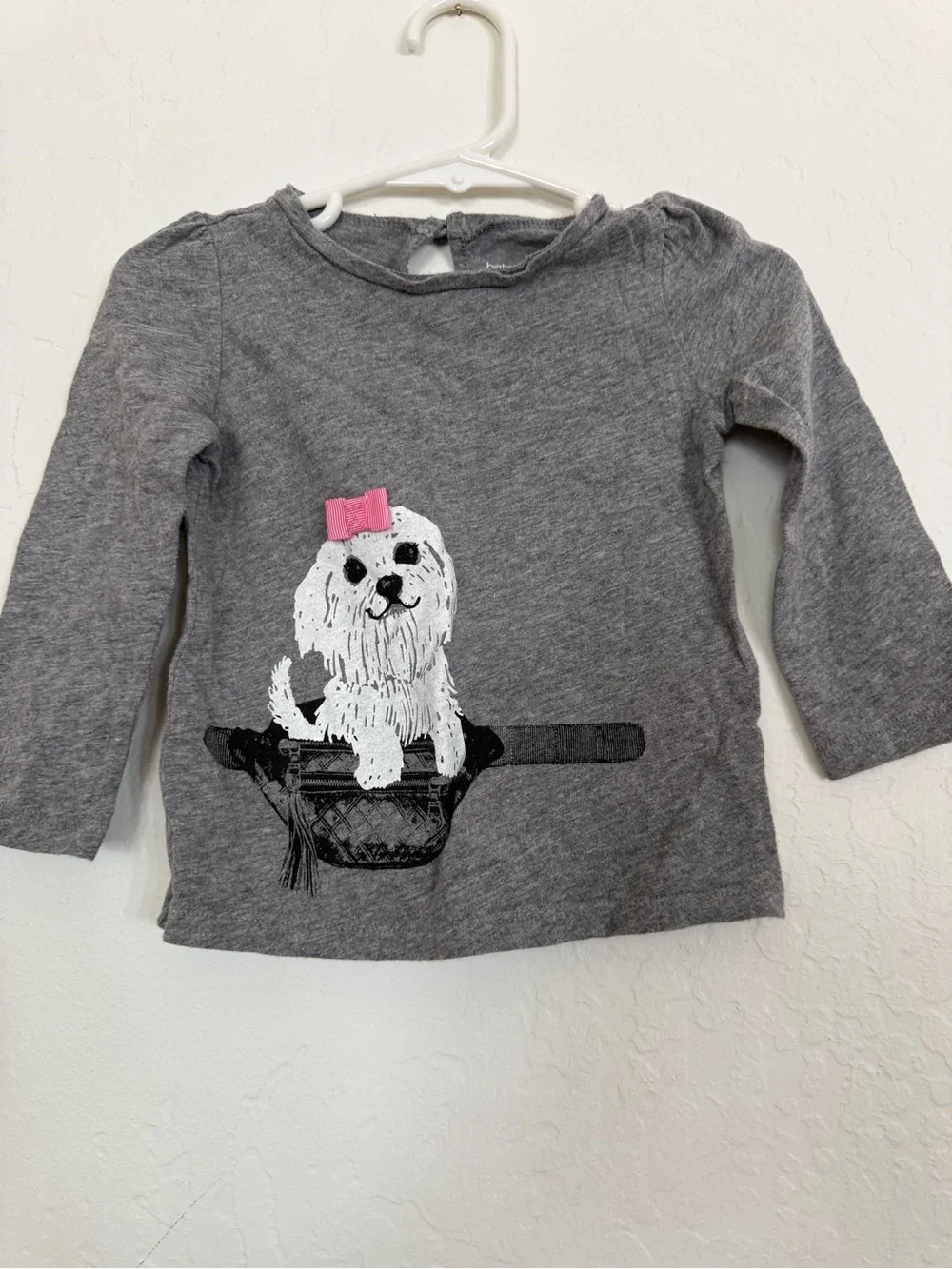 GAP Gray Long-Sleeve Tee with Puppy and Pink Bow